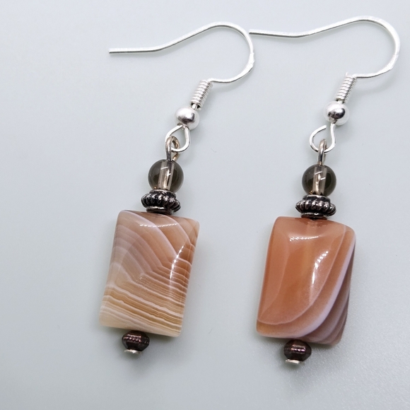 Vintage Gemstone Pink To Tan Nature Stones Earrings In Silver 925 Hooks - Picture 14 of 17